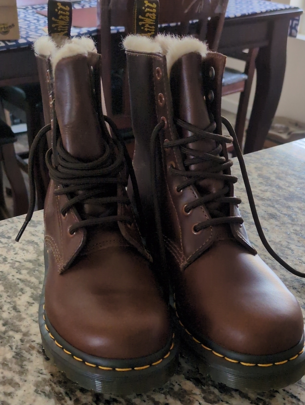 Women's Dr. Martens Butterscotch Brown Leather Lace-Up Shearling-Trim Boots